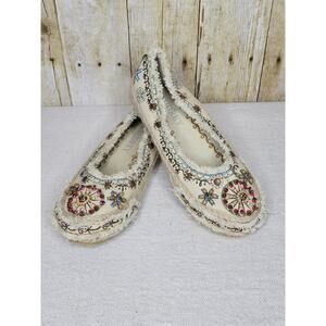 Audrey Beaded Embroidered Ankle-Tie Boho Espadrille Flats, sz 5.5